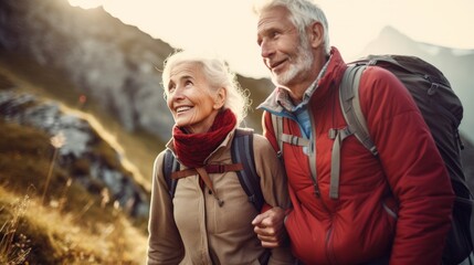 candid closeup photo of a old romantic couple hiking together in the mountains in the vacation trip week. walking in the beautiful european nature. fields and hills with grass at sunset. Generative AI - obrazy, fototapety, plakaty