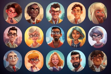 a set collection of cartoonish minimalistic simple design drawn people illustration profile picture avatars in circles for a game application. Generative AI - obrazy, fototapety, plakaty