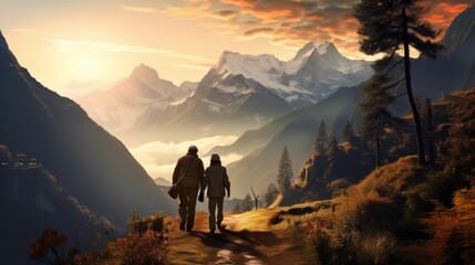 a candid photo of  old romantic family couple hiking together in the mountains in the vacation trip week. walking in the beautiful american nature. fields and hills with grass at sunset. Generative AI