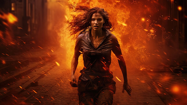 Action shot with woman on the run. Dynamic scene in action movie blockbuster style.
