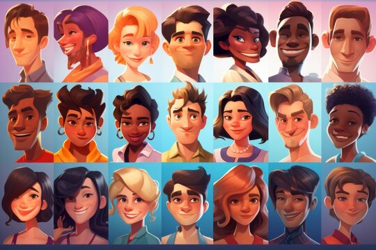 a set collection of realistic design drawn people illustration profile picture avatars in squares for a game application. Generative AI