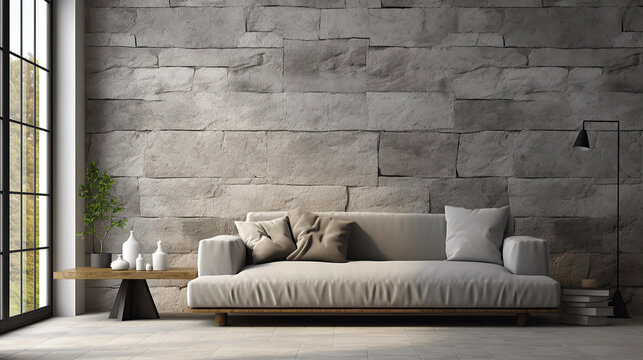 Grey sofa against window near white wall with stone texture poster. Minimalist interior design of modern living room.