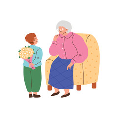 Little boy giving flower bouquet to grandma, grandson and grandmother spending time together vector cartoon illustration