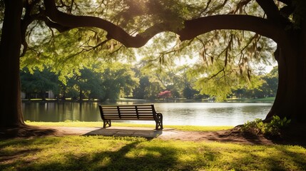 Empty bench in a stunning park with vibrant greenery, a quiet lake and the soft glow of sunlight filtering through the trees. the essence of natural beauty and a sense of serenity - obrazy, fototapety, plakaty