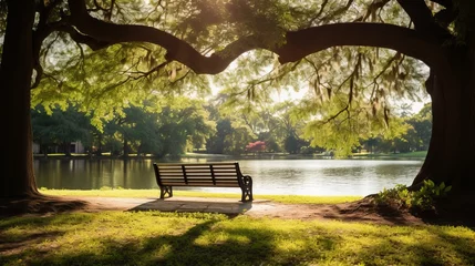 Fotobehang Empty bench in a stunning park with vibrant greenery, a quiet lake and the soft glow of sunlight filtering through the trees. the essence of natural beauty and a sense of serenity © stv