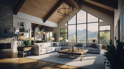 Interior design of modern living room in farmhouse with vaulted ceiling. - obrazy, fototapety, plakaty