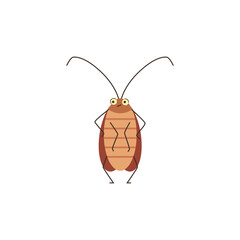 Cockroach insect stands and looks nervous, funny brown bug with antennae, vector cartoon bad pest parasite illustration