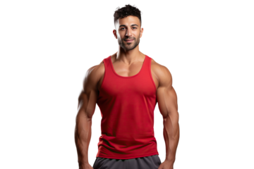 bodybuilder man in sports red tank top clothes standing for workout training, png isolated on white transparent background