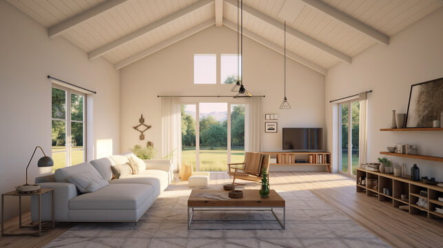 Interior design of modern living room in farmhouse with vaulted ceiling.