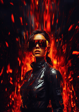Science fiction concept. A young female warrior in a black plastic uniform with futuristic glasses. A scene from a movie. A fiery explosion around the young woman. Fantasy game. Glowing orange light.