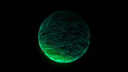 Abstract green sphere on black background. Wireframe circle structure with glowing particles and lines. Futuristic digital illustration. 3D rendering.