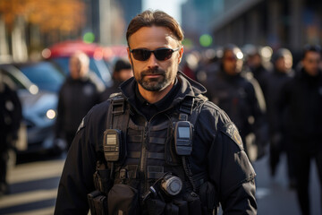 Fototapeta premium A Caucasian police officer patrols the streets of the city