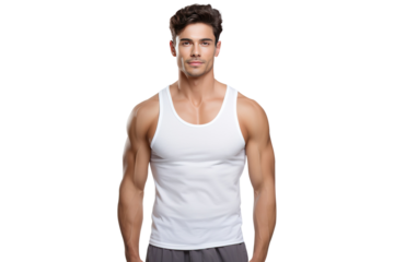 sports man with strong arms in white sporty tank top, png isolated on white transparent background