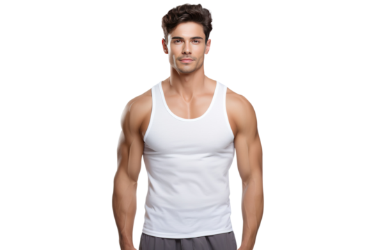 sports man with strong arms in white sporty tank top, png isolated on white transparent background