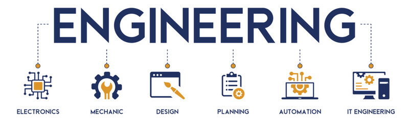 Engineering banner website icon vector illustration concept with icon of electronics, mechanic, design, planning, automation and it engineering on white background