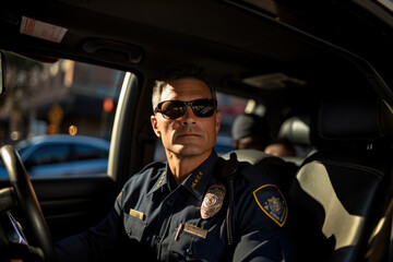 Portrait of police officer patrolling streets of city in official police car