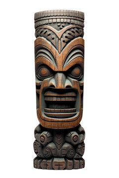 a carved tiki totem pole statue isolated on a transparent background, generative ai