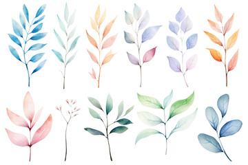Watercolor colorful set of Tropical spring floral pastel leaves and flowers elements isolated on transparent background, bouquets greeting or wedding card decoration. - obrazy, fototapety, plakaty