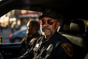 Police officer sits in car with partner and patrols designated area of the city