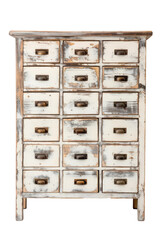 a distressed white apothecary cabinet isolated on a transparent background, generative ai