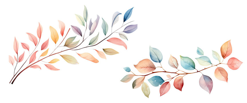 Watercolor colorful set of Tropical spring floral pastel leaves and flowers elements isolated on transparent background, bouquets greeting or wedding card decoration.