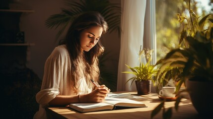 Beautiful and Smart Woman Writing on Blank Book Using Pen - obrazy, fototapety, plakaty
