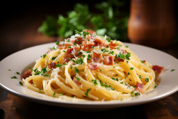 Pasta Carbonara Cream Sauce With guanciale or pancetta - obrazy, fototapety, plakaty