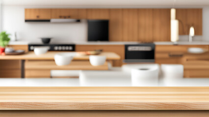 Wooden top table with bokeh light effect and blur kitchen on background