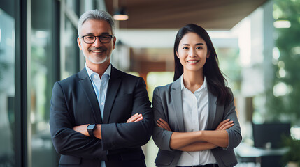 Happy confident professional mature Latin business man and Asian business woman corporate leaders managers standing in office, two diverse colleagues executives team together, vertical portrait 