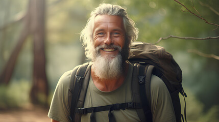 Happy older bearded man standing in nature park outdoors and laughing. Smiling active mature senior traveler looking at camera advertising camping tourism. Close up face front portrait