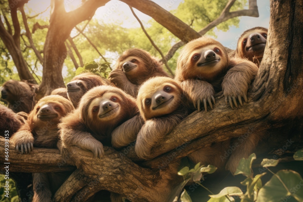 Poster A group of sloths hanging out together in a tree. This image captures the relaxed and slow-paced nature of these fascinating creatures. Perfect for nature enthusiasts and those looking to add a touch 
