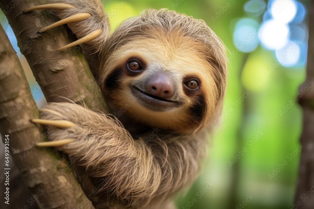 Poster A cute sloth with a smile on its face is hanging from a tree branch. This image can be used to represent relaxation, leisure, or the beauty of nature.
