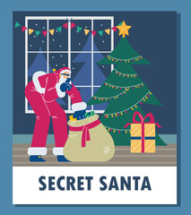 Secret Santa putting Christmas gifts under fir banner, flat vector illustration.