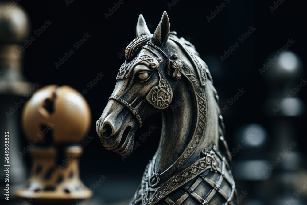 Poster a detailed close-up view of a statue of a horse placed on a chess board. this image can be used to d