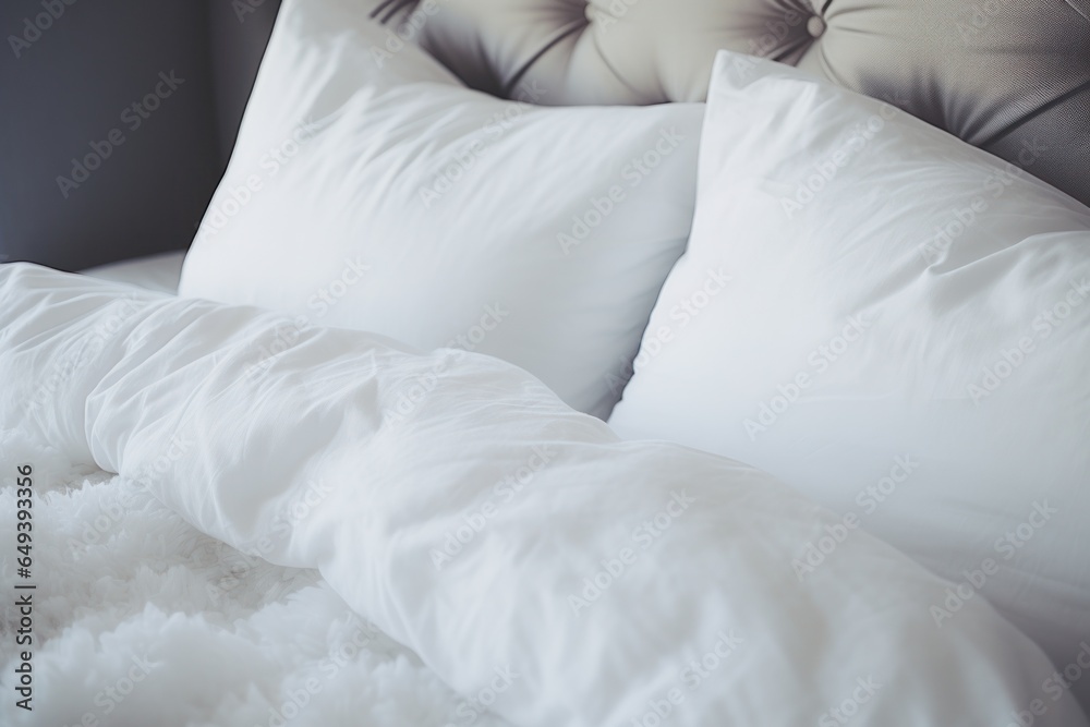Poster A close up view of a bed with white pillows. This image can be used to showcase a comfortable and inviting bedroom setting.