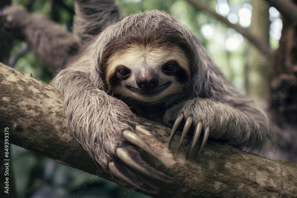 Poster a sloth is sitting on a tree branch. this image can be used to depict relaxation, nature, or wildlif