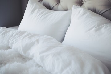 A close up view of a bed with white pillows. This image can be used to showcase a comfortable and inviting bedroom setting.