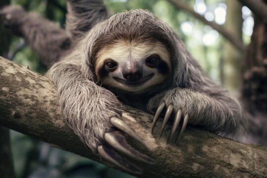 A sloth is sitting on a tree branch. This image can be used to depict relaxation, nature, or wildlife.