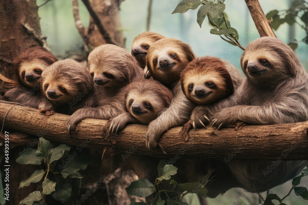 Poster A group of sloths hanging from a tree branch. This image captures the natural behavior of sloths and their relaxed demeanor. Perfect for nature and wildlife enthusiasts, as well as educational materia