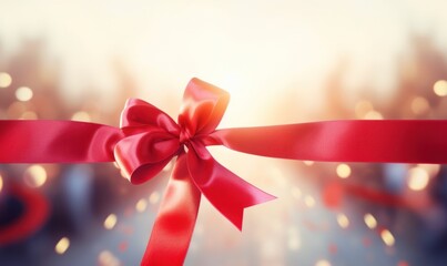 Shiny red ribbon bow close-up on a festive blurred background. Event backdrop. Generative AI