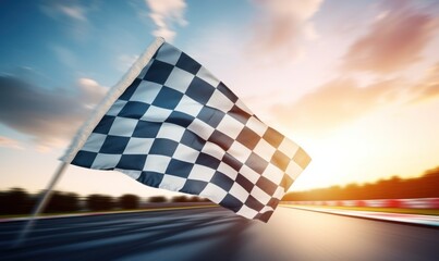 Race track background, finish line with checkered flag. Generative AI