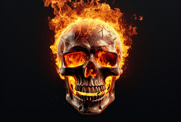 Skull in flames on a black background. Burning skull. Generative AI