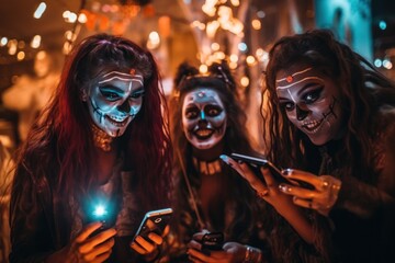 A group of people with face paint on, engrossed in their cell phones. This image can be used to depict the modern obsession with technology and the impact it has on social interactions.