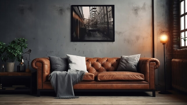 Fototapeta Rustic sofa near grey wall with two frames against big window. Scandinavian, rustic home interior design of modern living room.