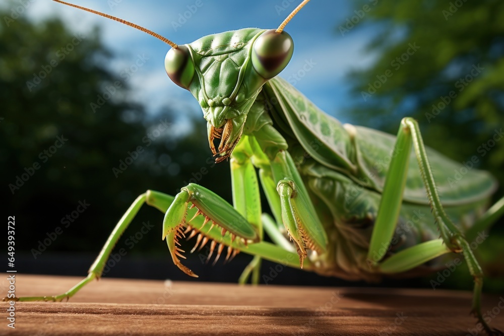 Poster A close-up view of a praying mantis on a wooden surface. This image captures the intricate details of the mantis and the texture of the wood. Ideal for nature enthusiasts and educational materials.