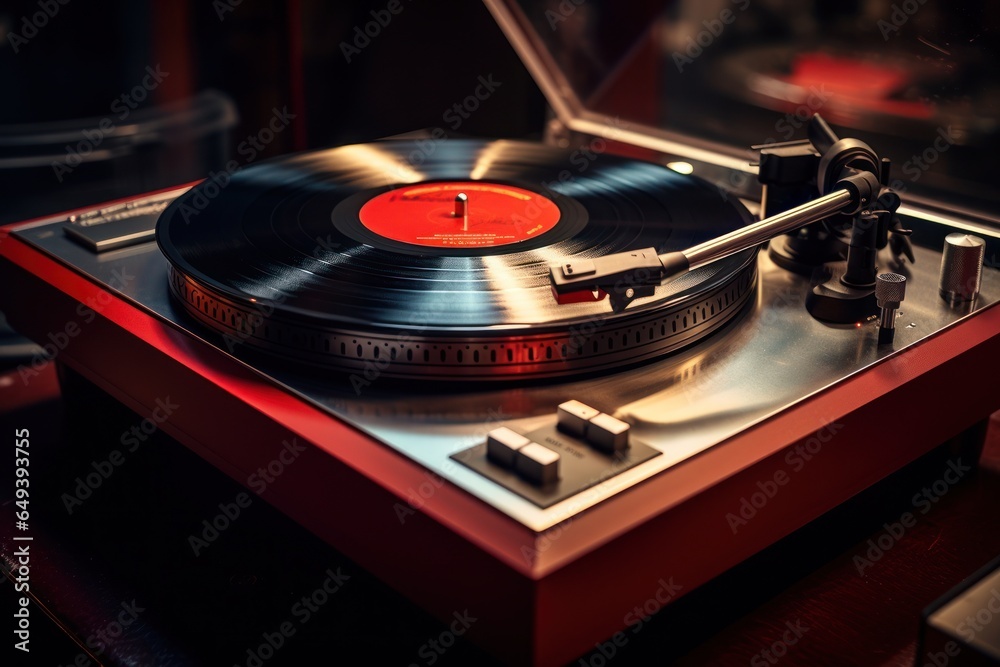 Poster a record player placed on top of a turntable. this image can be used to depict music, vinyl records,
