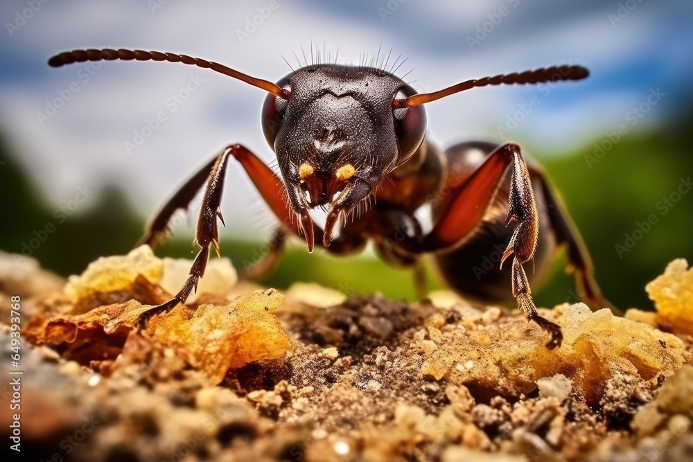 Poster A close-up view of a bug eating its food. This image can be used to illustrate the behavior of insects or to highlight the intricate details of nature.