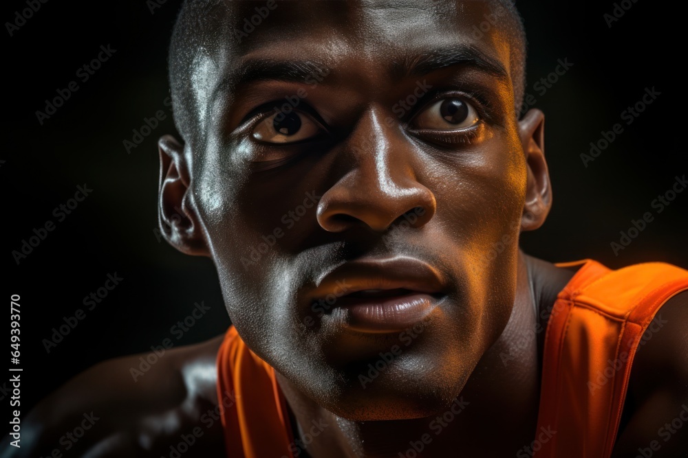 Poster A close-up photograph of a man wearing an orange shirt. This image can be used in various projects and designs.