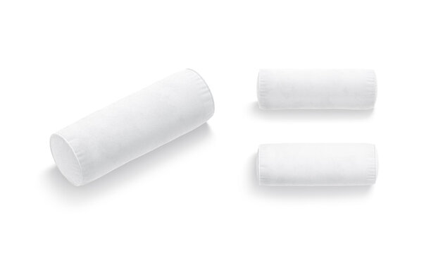 Blank white bolster pillow mockup, different views