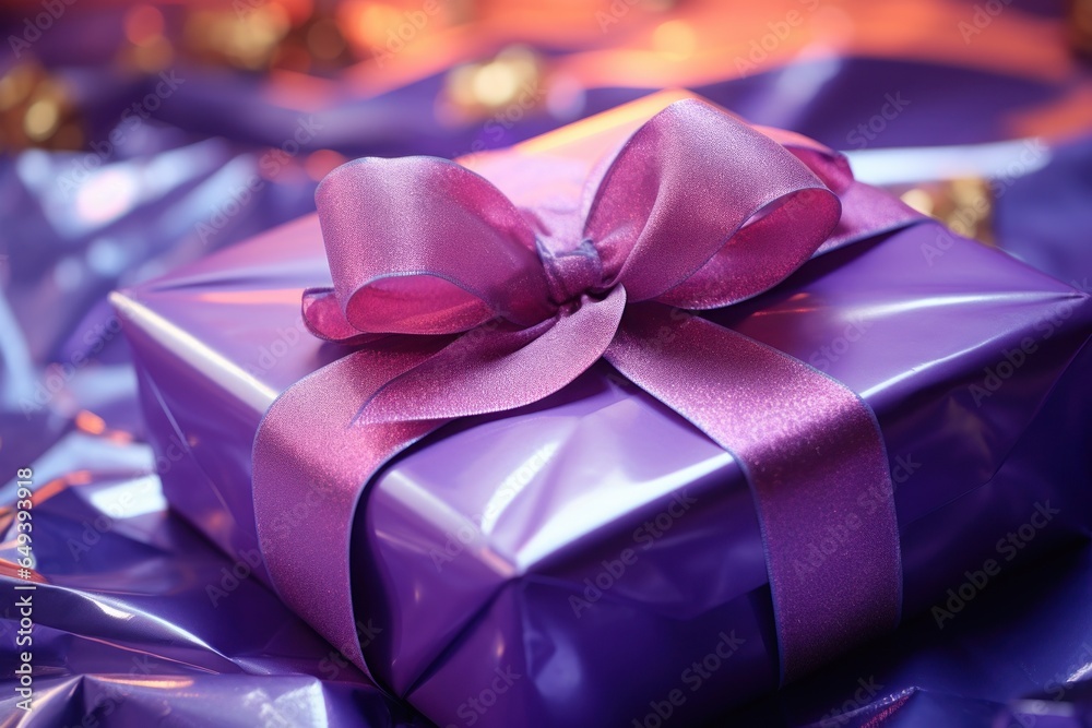 Sticker A purple gift box with a pink ribbon. This image is perfect for any occasion where a gift is being given or received.